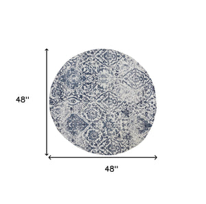 Homeroots 4' Navy Blue And Ivory Damask Distressed Round Rug  Polyester 556147