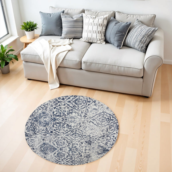 Homeroots 4' Navy Blue And Ivory Damask Distressed Round Rug  Polyester 556147