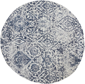 Homeroots 4' Navy Blue And Ivory Damask Distressed Round Rug  Polyester 556147