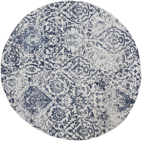 Homeroots 4' Navy Blue And Ivory Damask Distressed Round Rug  Polyester 556147