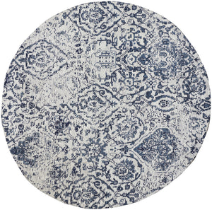 Homeroots 4' Navy Blue And Ivory Damask Distressed Round Rug  Polyester 556147