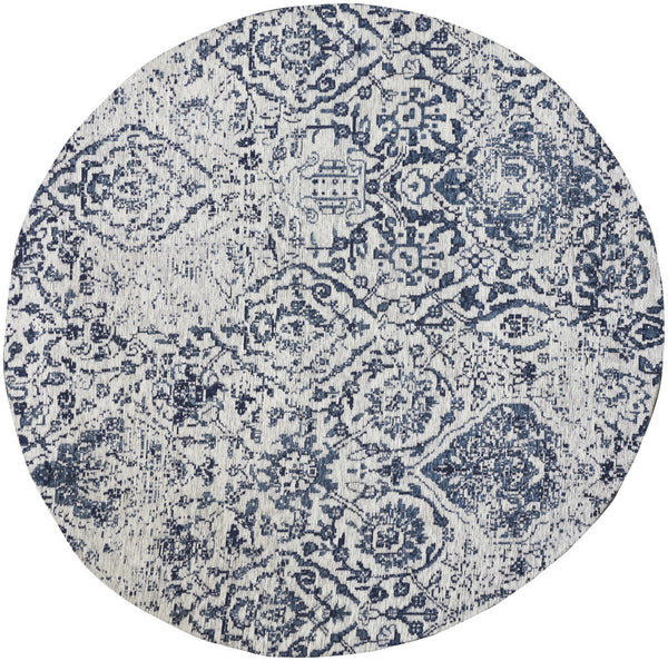Homeroots 4' Navy Blue And Ivory Damask Distressed Round Rug  Polyester 556147