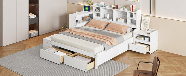 English Elm Full Size Wooden Platform Bed With Desk, Storage Drawers, Usb Ports, Nightstand & Modern Design N820S00029K