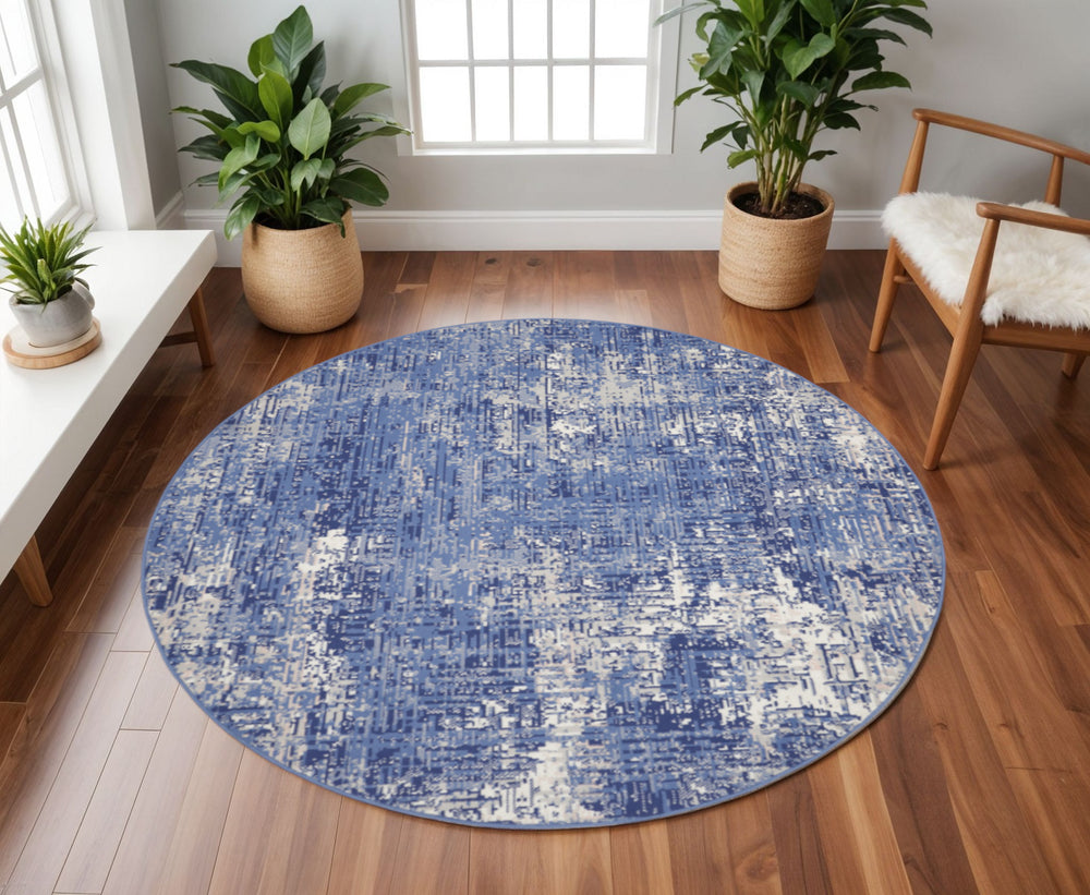 Homeroots 8' Ivory And Blue Abstract Distressed Round Rug  Polypropylene 556172