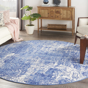 HomeRoots 8' Abstract Distressed Ivory and Blue Area Rug - Modern, Durable, Stain-Resistant Design for Any Space 8' Round 556172