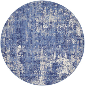 HomeRoots 8' Abstract Distressed Ivory and Blue Area Rug - Modern, Durable, Stain-Resistant Design for Any Space 8' Round 556172