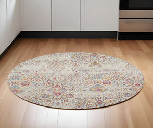 Homeroots 6' Ivory Red And Blue Damask Distressed Round Rug  Polyester 556190