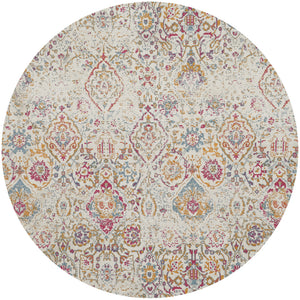 Homeroots 6' Ivory Red And Blue Damask Distressed Round Rug  Polyester 556190