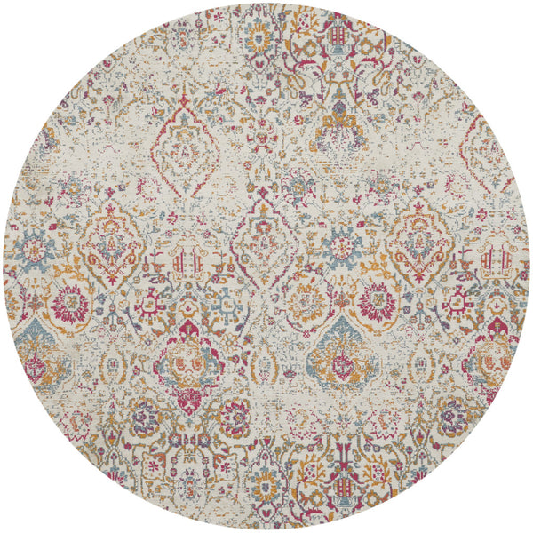 Homeroots 6' Ivory Red And Blue Damask Distressed Round Rug  Polyester 556190