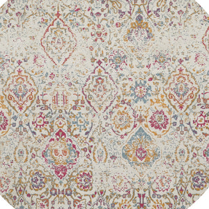 Homeroots 6' Ivory Red And Blue Damask Distressed Round Rug  Polyester 556190