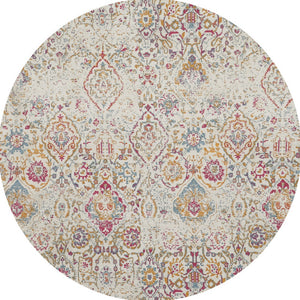Homeroots 6' Ivory Red And Blue Damask Distressed Round Rug  Polyester 556190