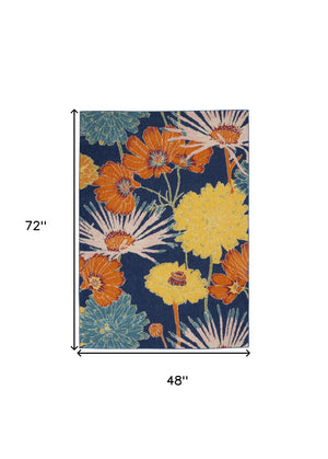 Homeroots 4' X 6' Blue Floral Power Loom Area Rug  Polypropylene 556195