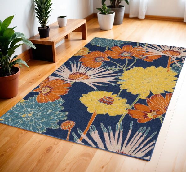 Homeroots 4' X 6' Blue Floral Power Loom Area Rug  Polypropylene 556195