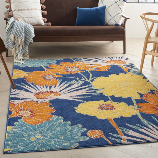 HomeRoots 5' Blue Floral Power Loom Area Rug - Timeless Charm & Durability for Living Rooms and Bedrooms 5' X 7' 556196