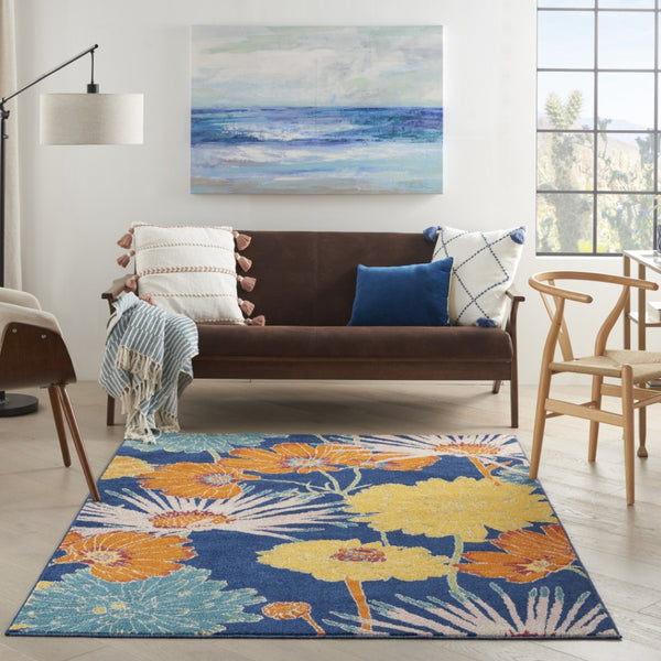 HomeRoots 5' Blue Floral Power Loom Area Rug - Timeless Charm & Durability for Living Rooms and Bedrooms 5' X 7' 556196