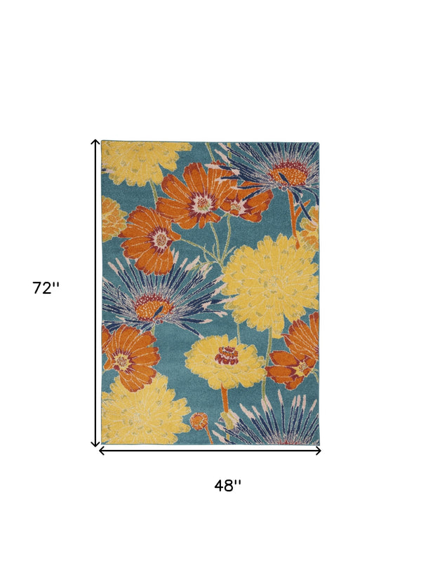 Homeroots 4' X 6' Blue Floral Power Loom Area Rug  Polypropylene 556198