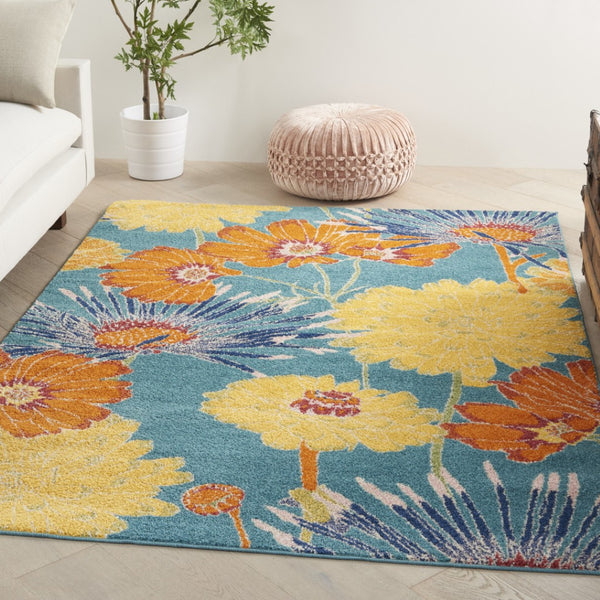 HomeRoots 5' Blue Floral Power Loom Area Rug for Timeless Elegance and Durable Comfort in Any Room 5' X 7' 556199