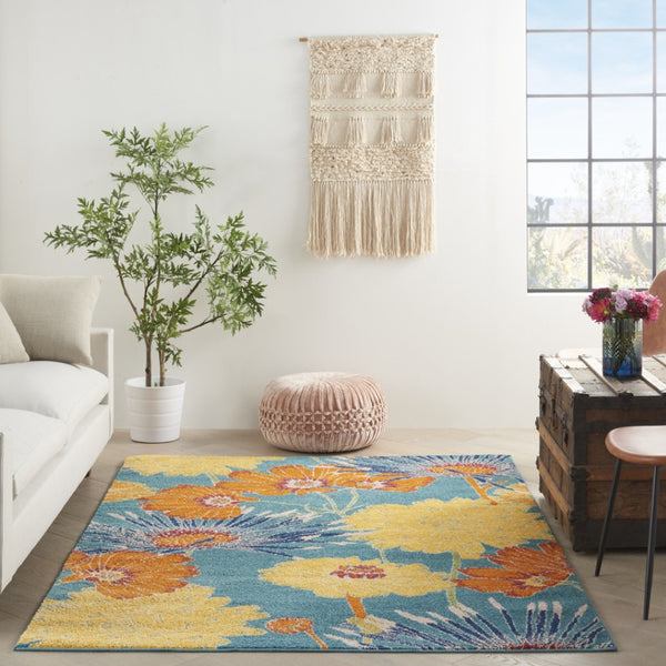 HomeRoots 5' Blue Floral Power Loom Area Rug for Timeless Elegance and Durable Comfort in Any Room 5' X 7' 556199