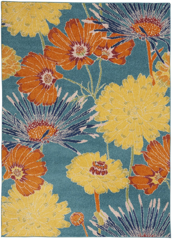 HomeRoots 5' Blue Floral Power Loom Area Rug for Timeless Elegance and Durable Comfort in Any Room 5' X 7' 556199