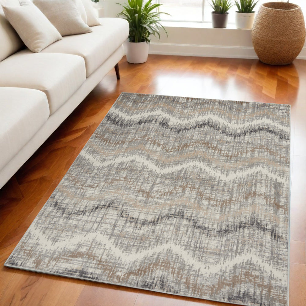 Homeroots 5' X 7' Ivory Gray And Brown Chevron Non Skid Area Rug  Polypropylene 556208
