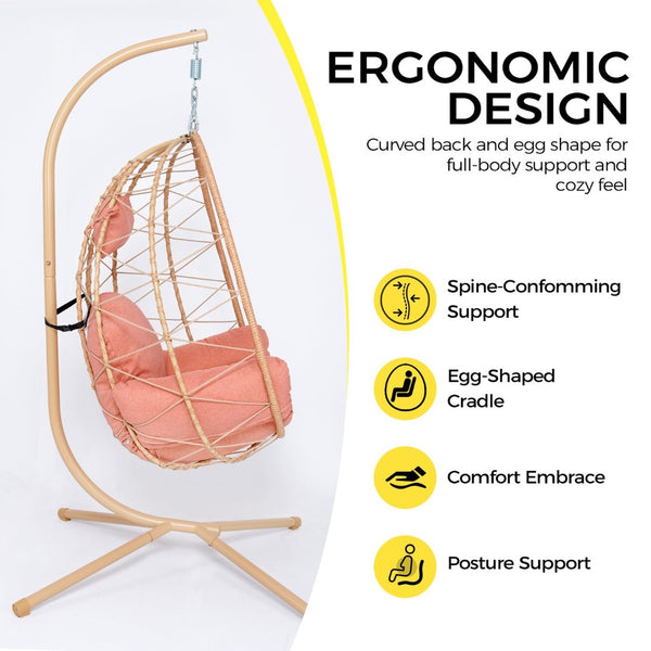 English Elm Hanging Egg Chair with Stand Pe Wicker Ergonomic Swing Seat for Patio or Bedroom T5880P497566