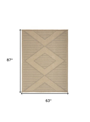 Homeroots 5' X 7' Natural Beige Geometric Flatweave Non-skid Area Rug With Fringe – Durable & Stylish Decor  Jute,Cotton,Polyester 556234