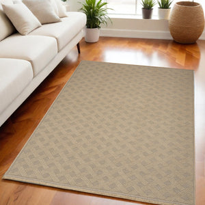Homeroots 5' Natural Geometric Flatweave Area Rug With Fringe – Non-skid, Durable Jute & Cotton For Stylish Spaces  Jute,Cotton,Polyester 556235