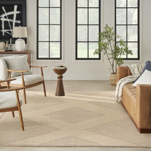 HomeRoots 8' X 10' Natural Beige Geometric Flatweave Area Rug with Tassel Fringe – Non-Skid, Durable Comfort 556239
