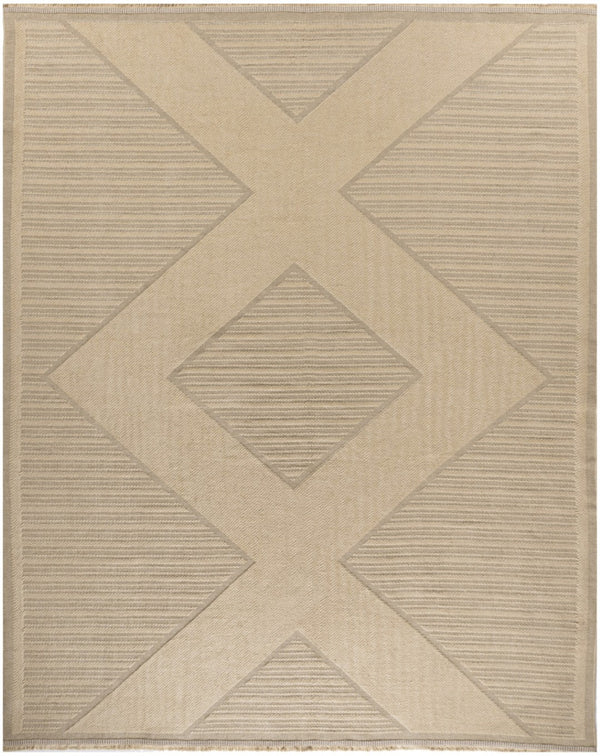 HomeRoots 8' X 10' Natural Beige Geometric Flatweave Area Rug with Tassel Fringe – Non-Skid, Durable Comfort 556239