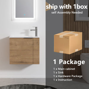 English Elm Bathroom Vanity Ceramic Sink 22" Floating Wall-Mount Vanity with Matte Black Handle and Soft Close Door Imitative Oak W99968770