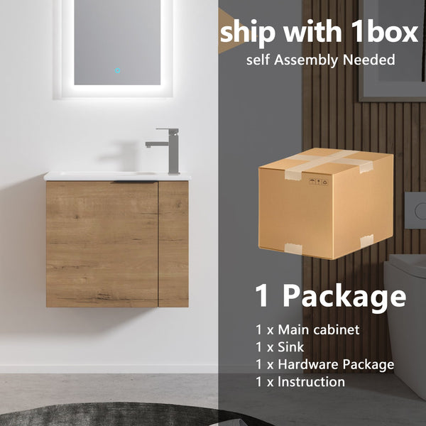 English Elm Bathroom Vanity Ceramic Sink 22" Floating Wall-Mount Vanity with Matte Black Handle and Soft Close Door Imitative Oak W99968770