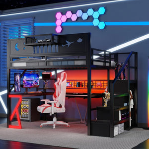 English Elm Metal Full Loft Bed with L Shaped Desk Wardrobe Rgb Lighting and Usb Charging W2593S00062