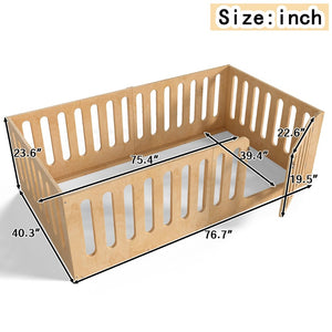 English Elm Twin Solid Pine Montessori Floor Bed with House Frame Door and Safety Fence Natural W5305P420633