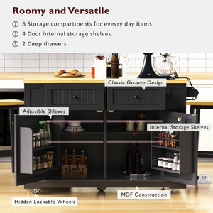 English Elm 48 Inch Rolling Kitchen Island Drop Leaf Prep Cart with Power Outlets and Open Shelving Black N707S257057B