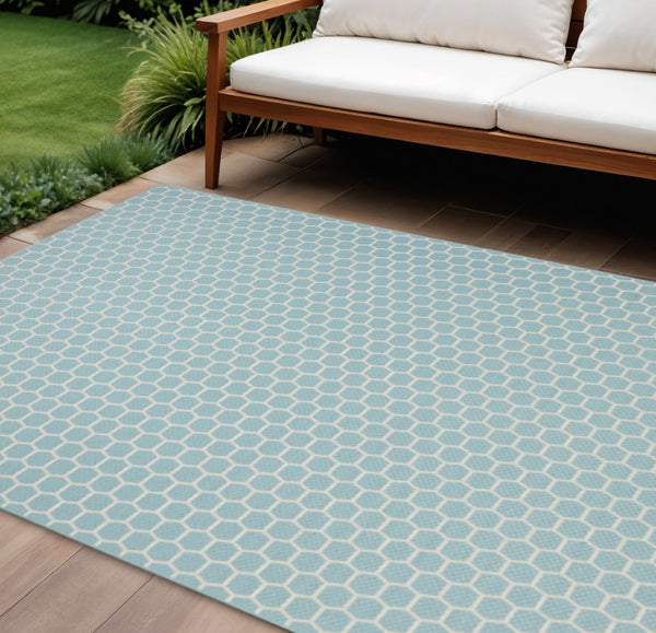 HomeRoots 9' Aqua and Ivory Geometric Flatwoven Area Rug - Stylish, Durable, Reversible for Indoor/Outdoor Use 556306