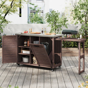 English Elm K&k Outdoor Rolling Kitchen Island Fir Wood Stainless Steel Top with Foldable Prep Station Dark Brown N707P370276Z