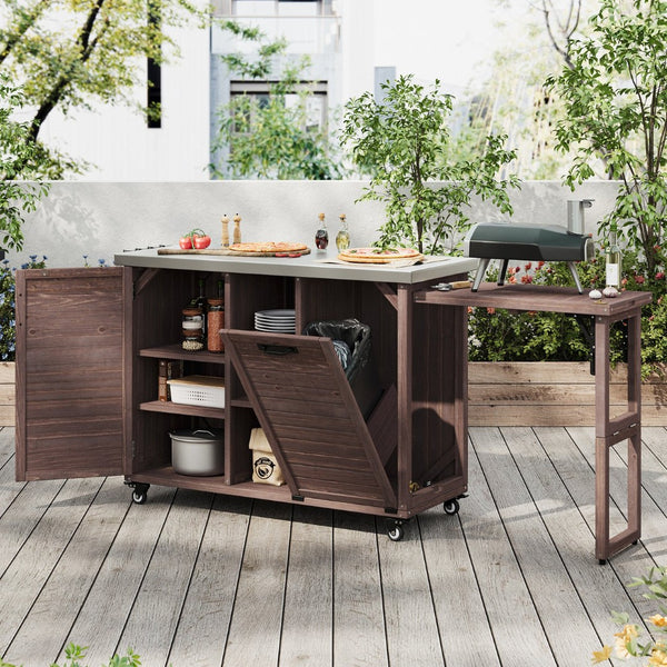 English Elm K&k Outdoor Rolling Kitchen Island Fir Wood Stainless Steel Top with Foldable Prep Station Dark Brown N707P370276Z