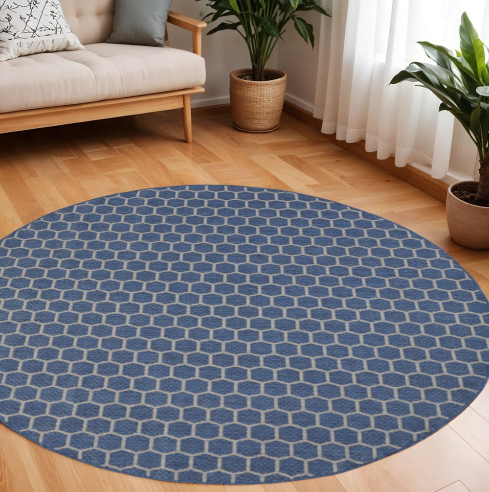 HomeRoots 8' Blue and Ivory Geometric Area Rug - Stylish Indoor/Outdoor Design, Easy to Clean, Reversible & Durable 556314