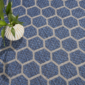 HomeRoots 8' Blue and Ivory Geometric Area Rug - Stylish Indoor/Outdoor Design, Easy to Clean, Reversible & Durable 556314