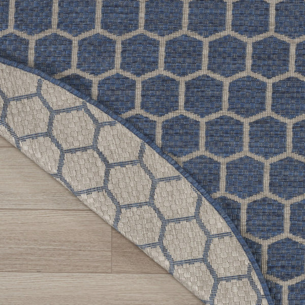 HomeRoots 8' Blue and Ivory Geometric Area Rug - Stylish Indoor/Outdoor Design, Easy to Clean, Reversible & Durable 556314