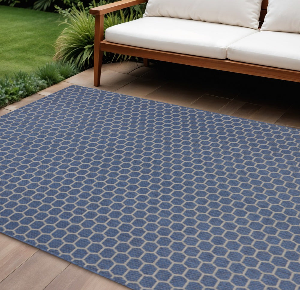 HomeRoots 8' X 10' Blue and Beige Geometric Area Rug – Stylish, Durable, Reversible Design for Indoor/Outdoor Use 556315