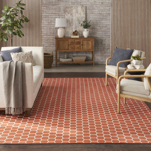 HomeRoots 10' Coral and Ivory Geometric Area Rug - Stylish Indoor/Outdoor Flatwoven Design for Versatile Spaces 556322