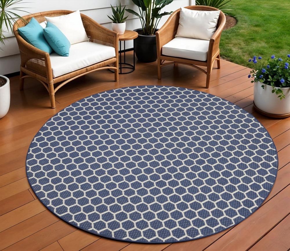 HomeRoots 8' Navy Blue Geometric Indoor Outdoor Area Rug - Stylish, Durable, Reversible for Versatile Spaces 556334