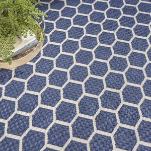 HomeRoots 8' Navy Blue Geometric Indoor Outdoor Area Rug - Stylish, Durable, Reversible for Versatile Spaces 556334
