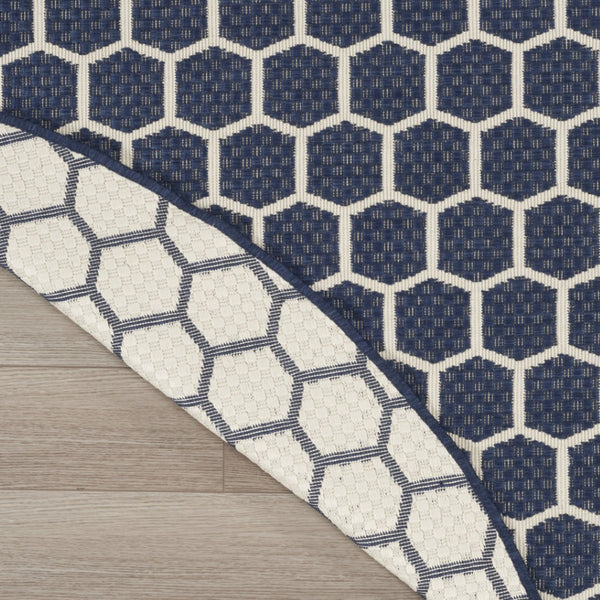 HomeRoots 8' Navy Blue Geometric Indoor Outdoor Area Rug - Stylish, Durable, Reversible for Versatile Spaces 556334
