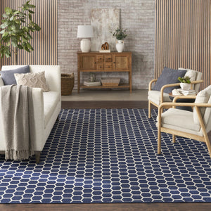 HomeRoots 9' Geometric Navy Blue and Ivory Area Rug - Stylish, Reversible Indoor/Outdoor Design for Modern Spaces 556336