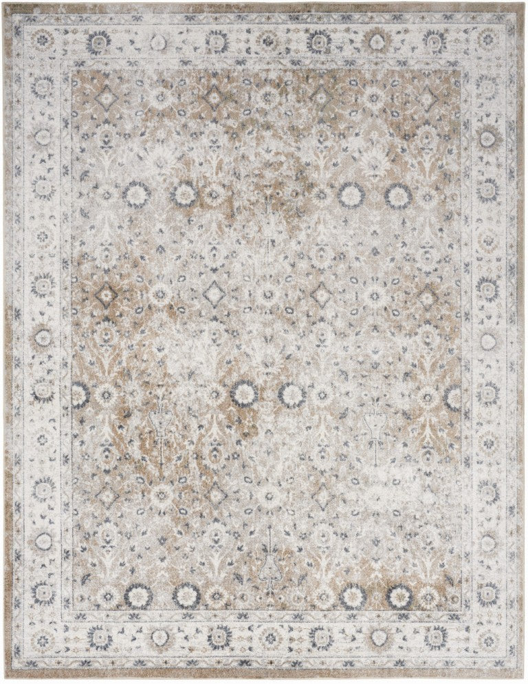 Tan Floral Polyester Area Rug with Distressed Vintage Faded Look for Living Room Decor