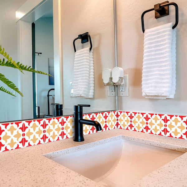 Homeroots 12" X 12" Red And White Roja Hola Peel And Stick Tiles - Transform Your Space With Stylish Ease! 12" X 12" Vinyl 556391
