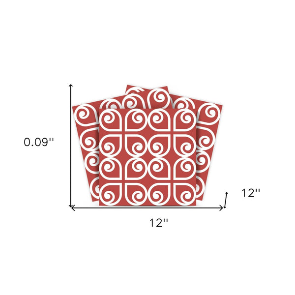 Homeroots 12" Peel And Stick Brick Red And White Scroll Tiles - Easy Removable Decor For Home Makeovers! 12" X 12" Vinyl 556393