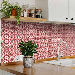 Homeroots 12" Peel And Stick Brick Red And White Scroll Tiles - Easy Removable Decor For Home Makeovers! 12" X 12" Vinyl 556393